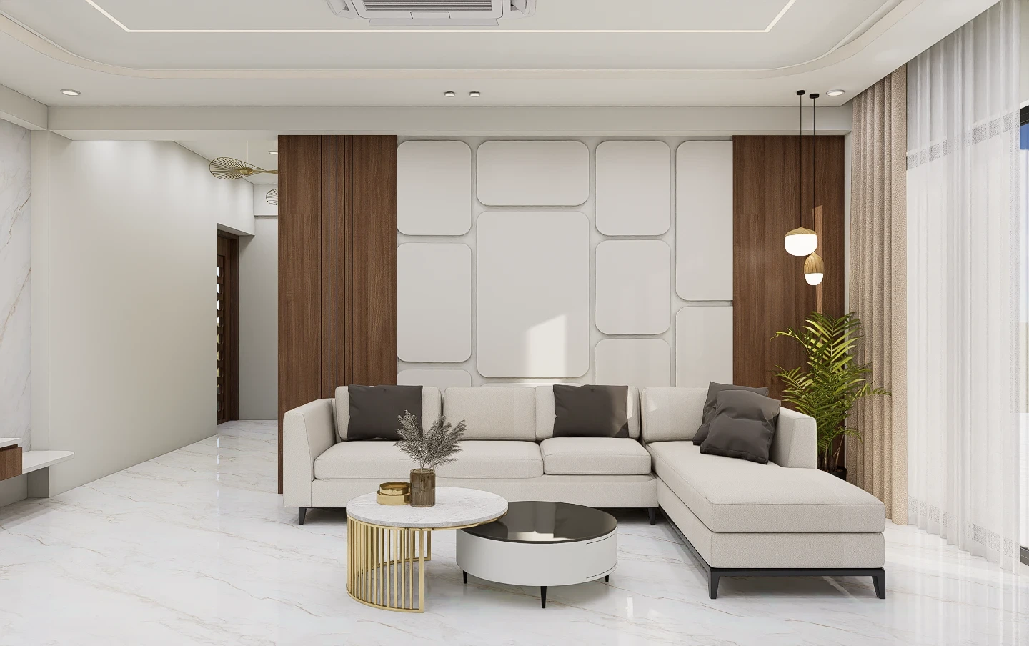 Aranya Residence living room with a cream sectional, fluted timber panels and marble flooring
