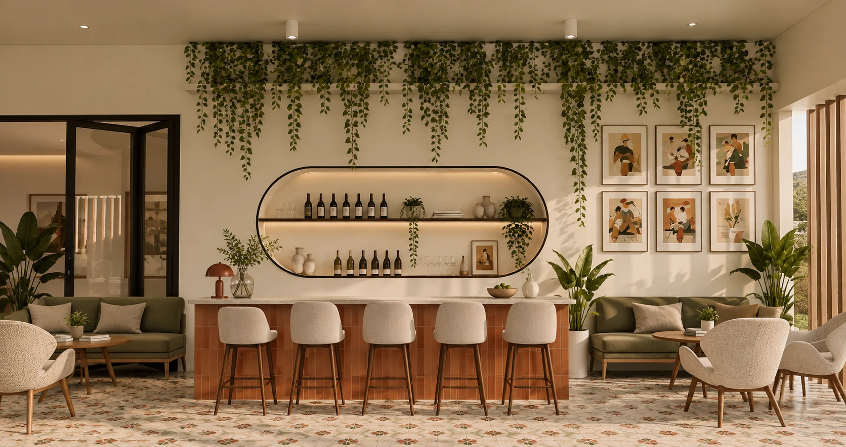 Club social bar with terracotta tile counter, hanging ivy and patterned floor
