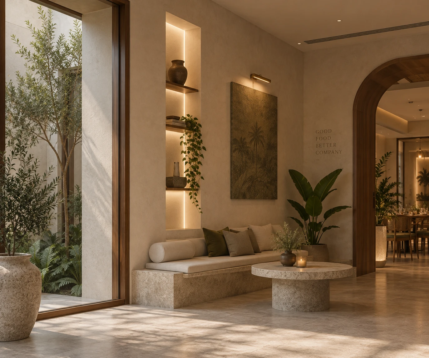 Namaste Vietnam lobby with a stone bench, lit niche shelving and a timber arch leading to the restaurant